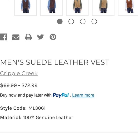 Men's Cripple Creek 100% Genuine Boer Suede Brown leather western vest small - Picture 3 of 8